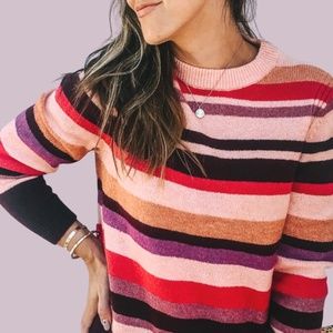 A New Day Coral Striped Crew Neck Sweater XS 70's Style Mod